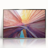 Mid-century modernist art of Arizona's Coyote Buttes in vibrant earth tones on a silver-framed acrylic.