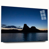 Large abstract wall art of Lake Powell in muted blue and gray tones on acrylic glass, ideal for bedroom or dining room decor.