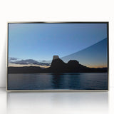 Mid-century modernist art depicting Lake Powell, Arizona in muted earth tones on a framed acrylic print.