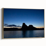 Framed canvas of Lake Powell landscape with vintage poster art style in gold and black tones, ideal for bedroom wall art.