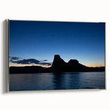 Landscape art painting of Lake Powell, Arizona, on a silver-framed canvas with muted earth tones, ideal for office decor.