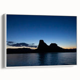 Vintage poster art of Lake Powell on a framed canvas, featuring vibrant blue and orange hues, ideal for living room decor.
