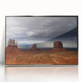 Mid-century modernist art of Monument Valley in muted earth tones on a framed acrylic, suitable for nursery wall decor.