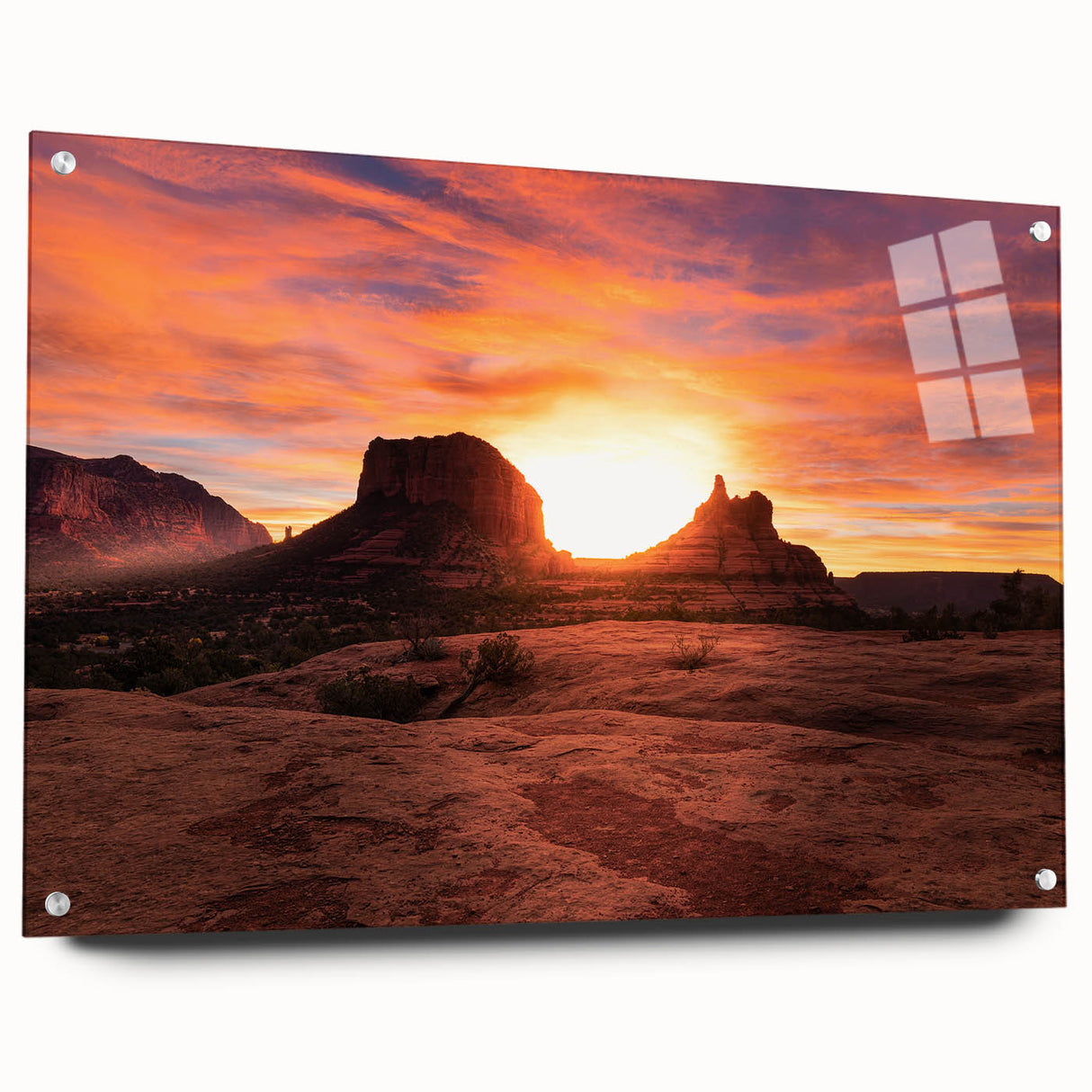 Acrylic print of Sedona, Arizona landscape with red rock formations and clear sky, suitable for bedroom or dining room decor.