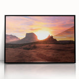 Large abstract wall art depicting Sedona, Arizona landscape in muted earth tones on a black framed acrylic.