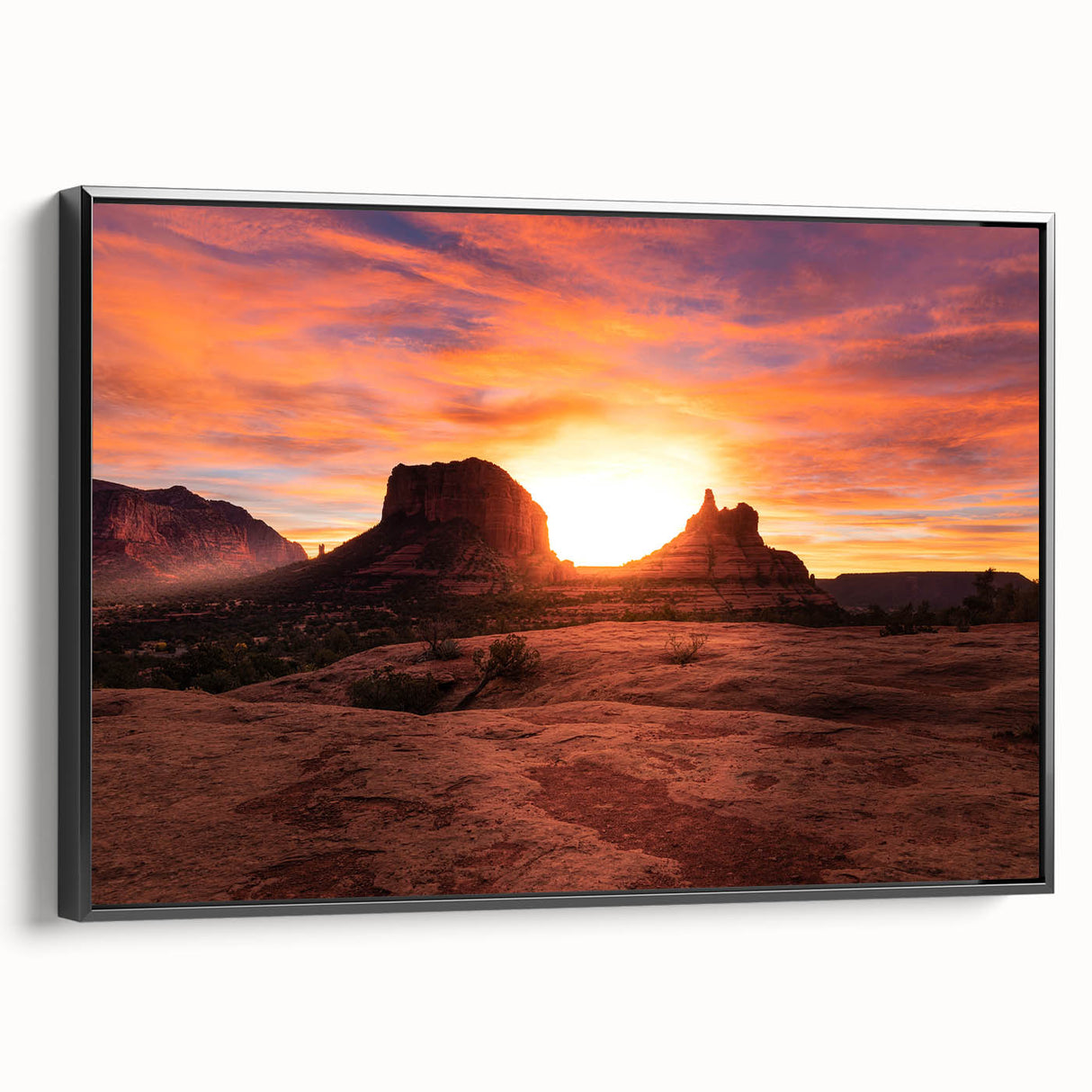 Black and white framed canvas of Sedona landscape, ideal for bedroom wall art with a vintage poster style.