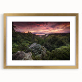 Extra large abstract art print of Arkansas scenery in textured style, featuring earth tones, framed in gold.