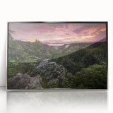 Mid-century modernist art depicting an Arkansas landscape on a framed acrylic print, using muted earth tones.