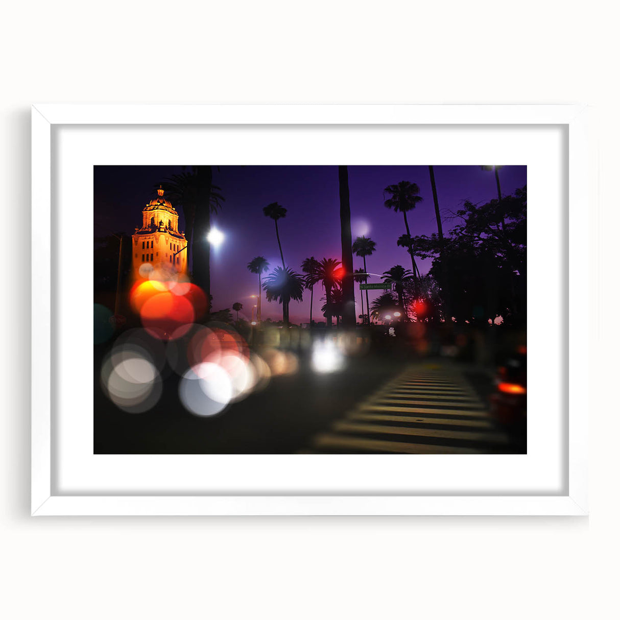 Abstract art print of Beverly Hills scenery in muted earth tones on a framed white mat, ideal for dining room decor.