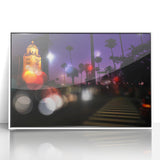 Art deco poster of Beverly Hills scenery in muted pastel shades on framed acrylic, ideal for modern nursery wall art.