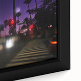 Black wall art depicting Beverly Hills scenery in vibrant colors on a textured, framed canvas, ideal for living room decor.