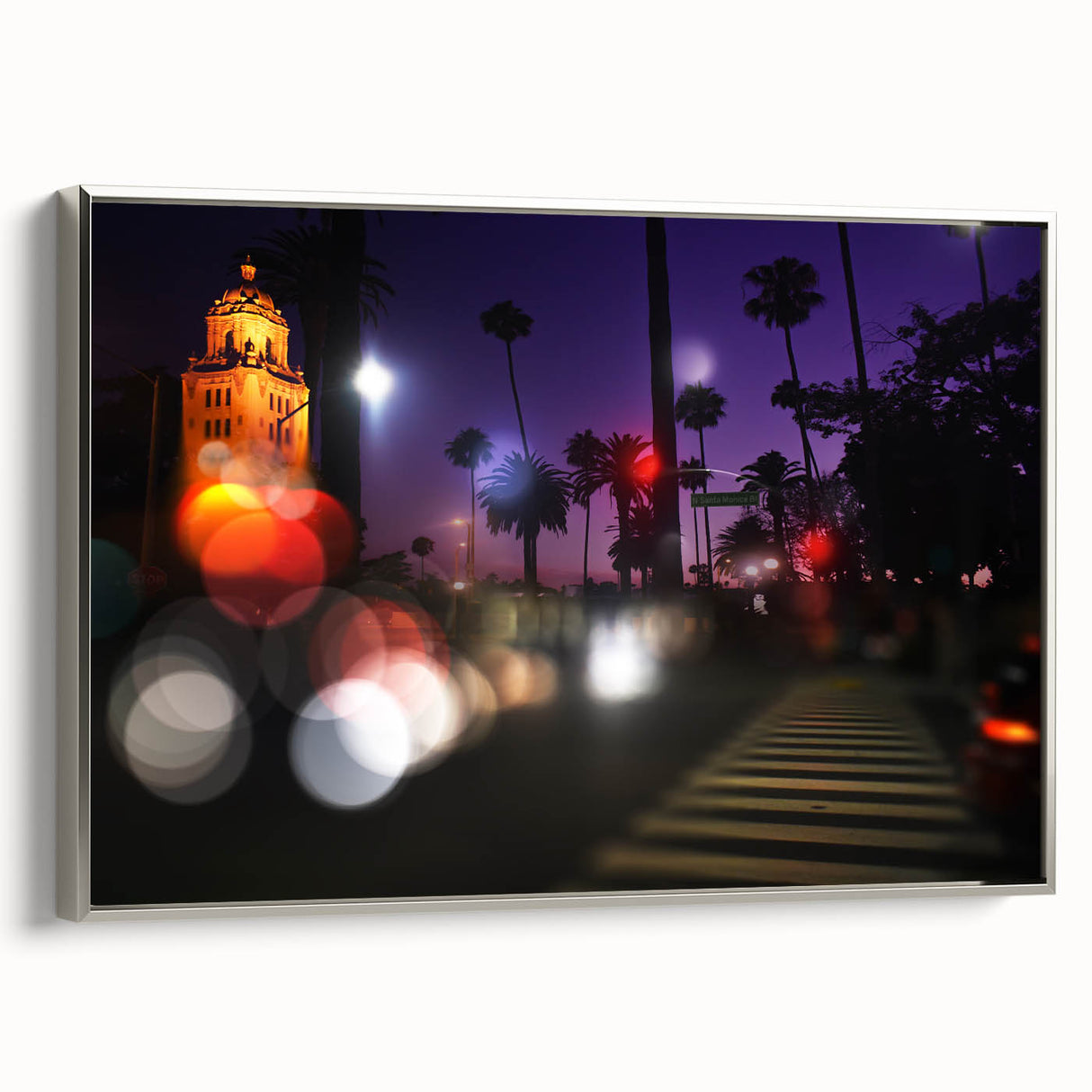 Framed canvas depicting a colorful Beverly Hills landscape in a vintage poster style, ideal for living room decor.
