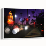 Vintage poster art of Beverly Hills with colorful skyline on extra large framed canvas, ideal for living room decor.