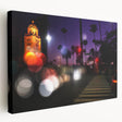 Side view of a stretched canvas featuring a detailed Beverly Hills street scene in muted earth tones.