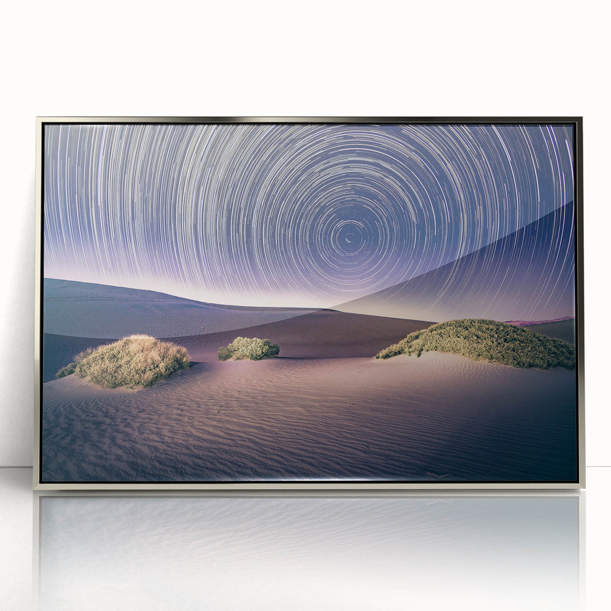Mid-century modernist Death Valley landscape in muted earth tones on a silver-framed acrylic print.