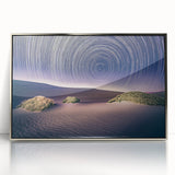 Mid-century modernist Death Valley landscape in muted earth tones on a silver-framed acrylic print.