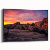 Black and white framed canvas of Joshua Tree landscape, ideal for bedroom wall art in a vintage poster style.