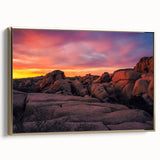 Framed canvas of Joshua Tree landscape in gold and black tones, ideal for bedroom wall art.