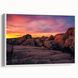 Vintage poster art of Joshua Tree on a framed canvas with colorful art and black accents, ideal for living room decor.