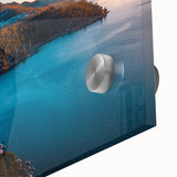 Large abstract depiction of Lake Tahoe in muted blue and green tones on acrylic glass, ideal for dining room art.