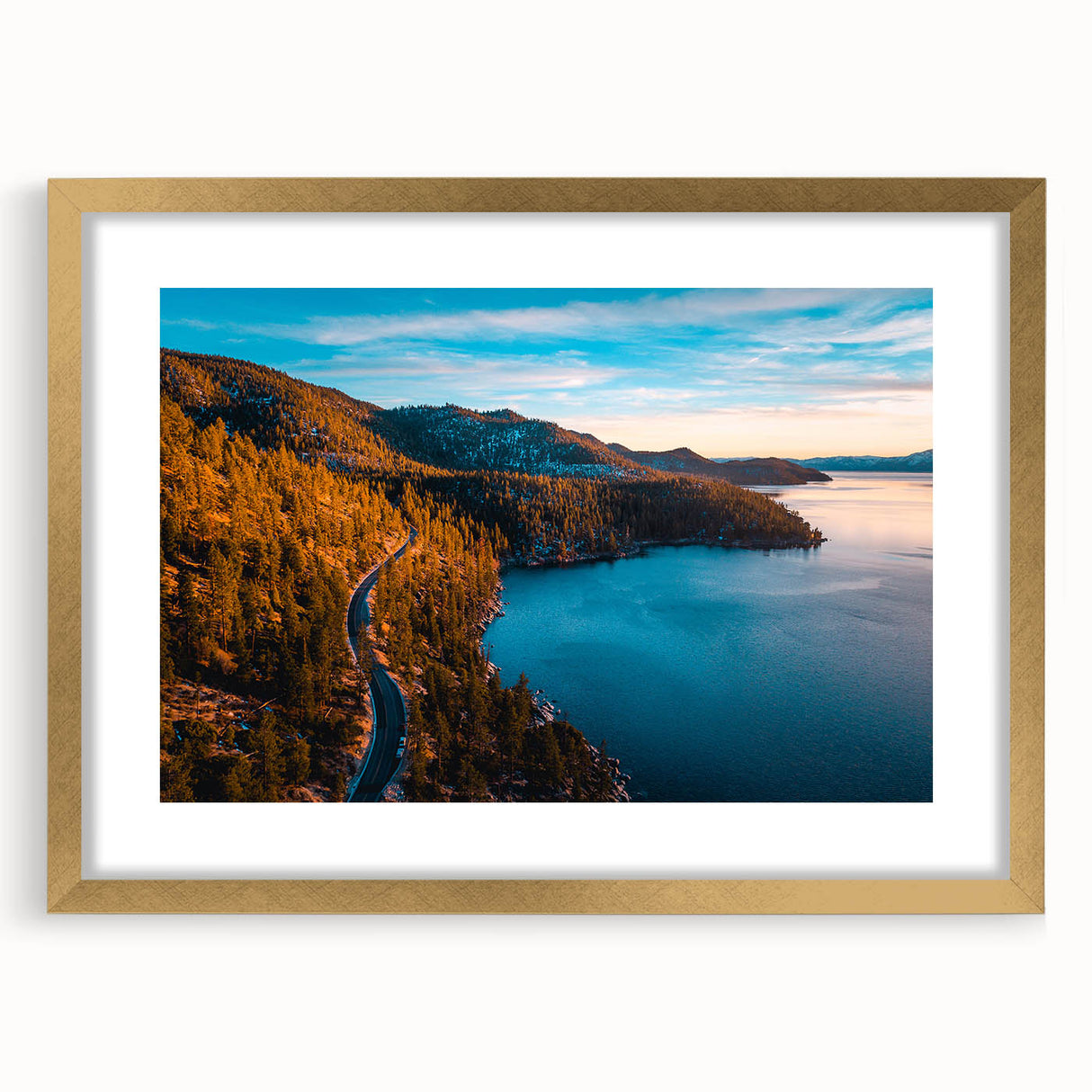 Extra large abstract art print of Lake Tahoe in textured blues and greens, framed in gold, ideal for living room decor.