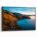 Framed canvas of a black and white Lake Tahoe landscape, ideal for bedroom wall decor.