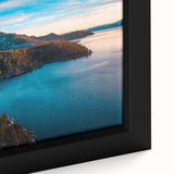 Framed canvas of Lake Tahoe with textured black foreground and colorful background, ideal for large living room walls.