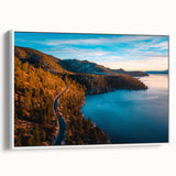 Vintage poster art of Lake Tahoe with colorful hues on extra large framed canvas, suitable for living room decor.