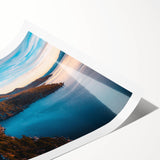 Extra large wall art featuring a scenic view of Lake Tahoe with muted blue and green tones on a rolled canvas.