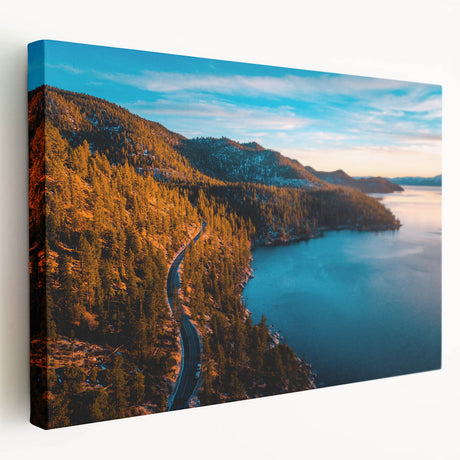 Large art depicting Lake Tahoe with vibrant blue and green hues on stretched canvas, suitable for kitchen wall art.