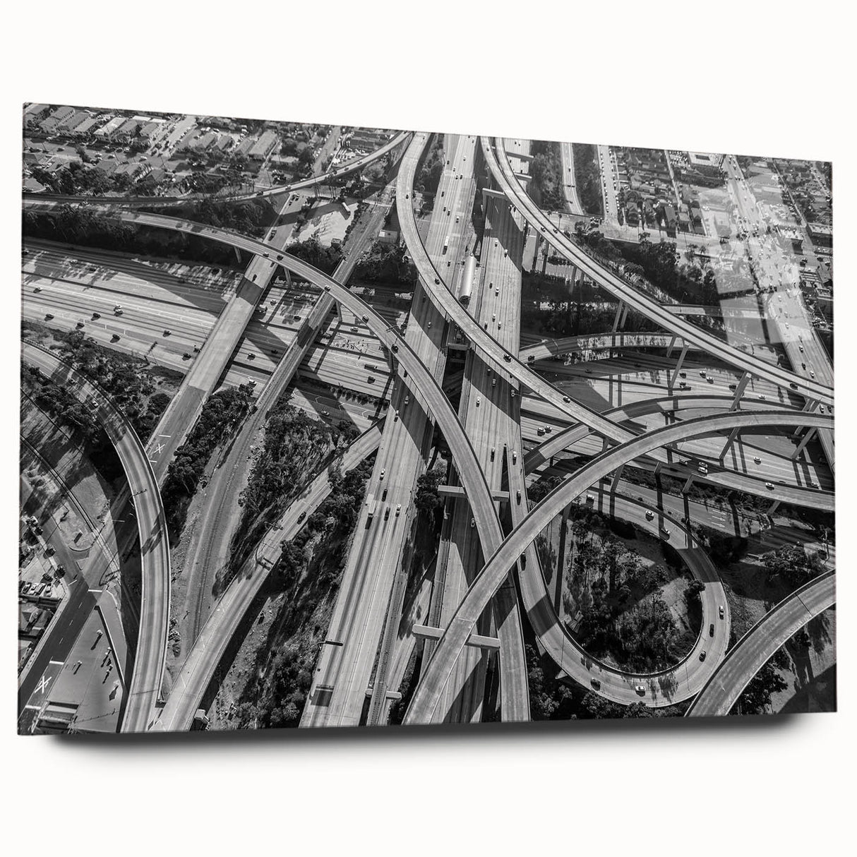 Large abstract depiction of Los Angeles skyline in muted blue tones on acrylic glass.