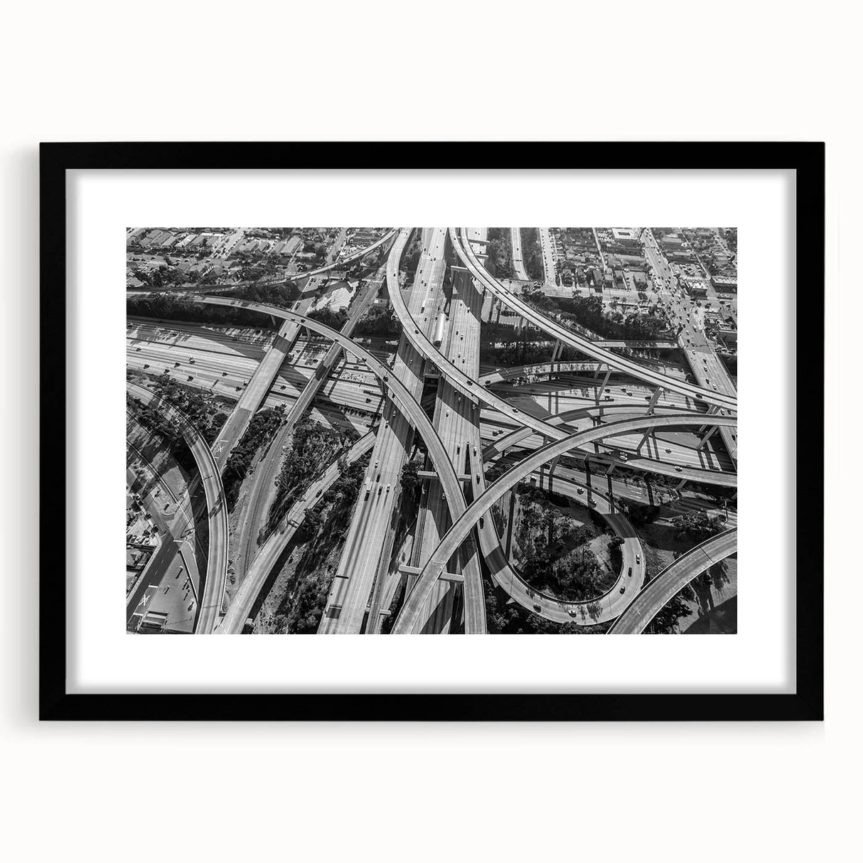 Extra large abstract art print depicting colorful, textured Los Angeles scenery on a black framed canvas.