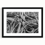 Extra large abstract art print depicting colorful, textured Los Angeles scenery on a black framed canvas.