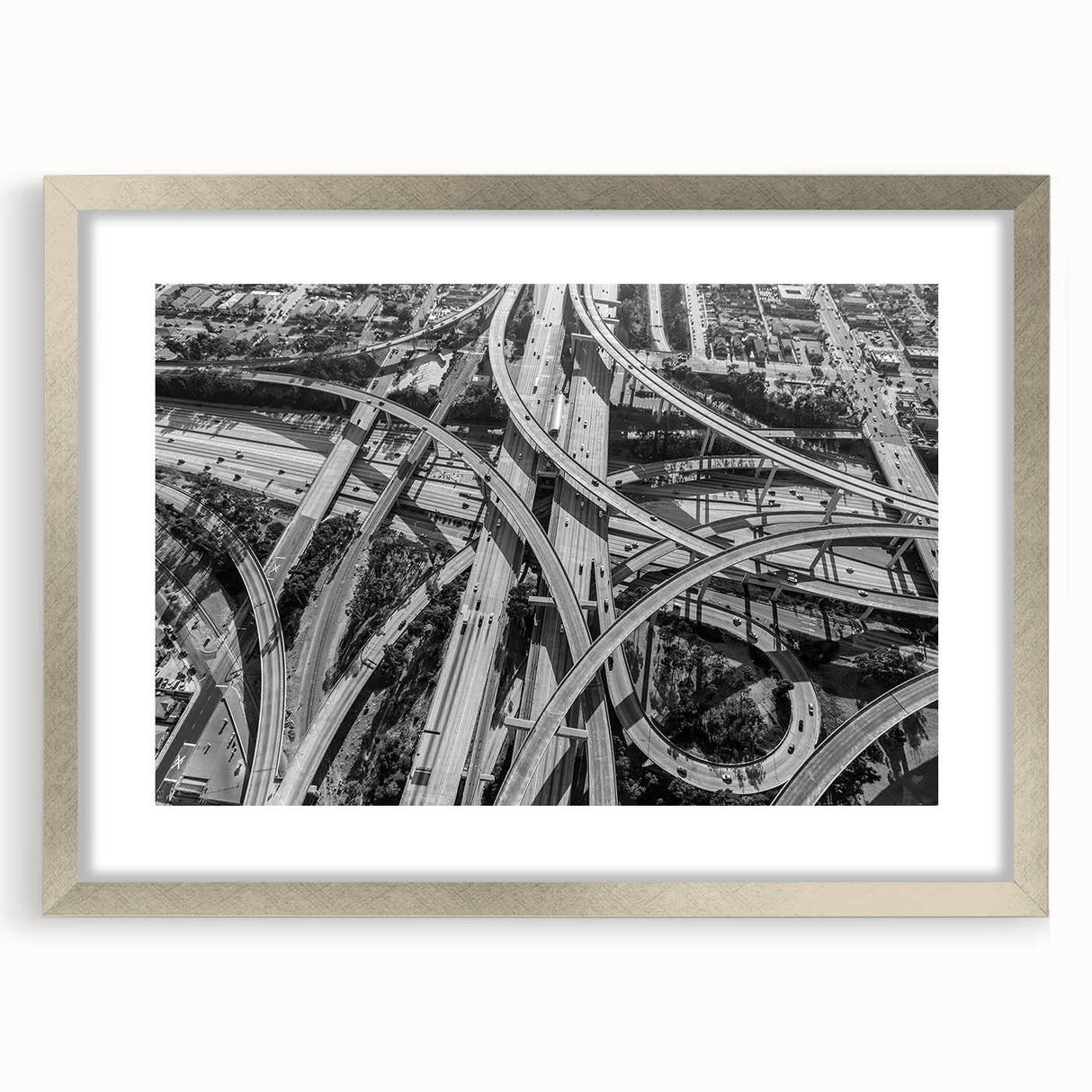 Textured abstract art print of Los Angeles skyline in muted gray tones on a framed canvas, suitable for bedroom decor.