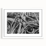 Abstract art print of Los Angeles skyline in muted gray and blue tones on a white framed poster.