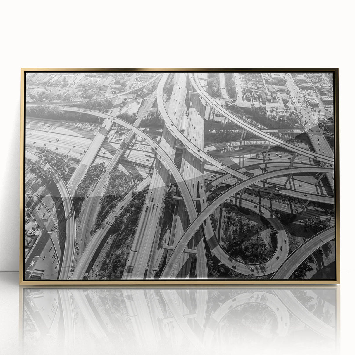 Large acrylic print of Los Angeles skyline in muted gold tones, framed in a mid-century modernist style.