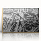 Large acrylic print of Los Angeles skyline in muted gold tones, framed in a mid-century modernist style.