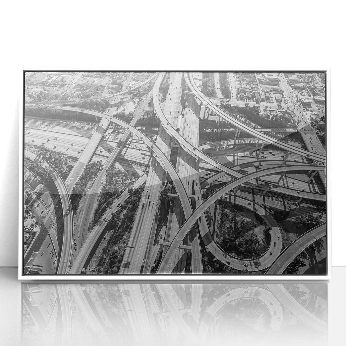 Art deco poster of Los Angeles skyline in muted tones on framed acrylic, suitable for modern art wall decor.