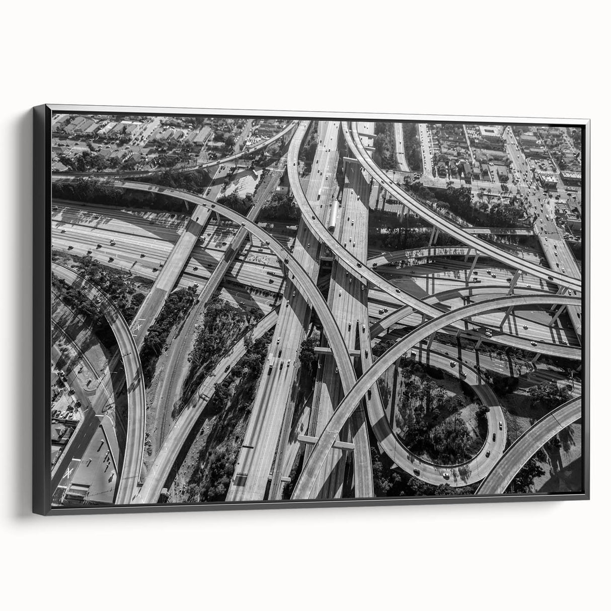 Black and white framed canvas of Los Angeles landscape, ideal for bedroom wall art.