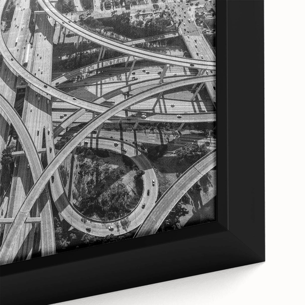 Extra large framed canvas featuring textured depiction of Los Angeles skyline in black with colorful accents.