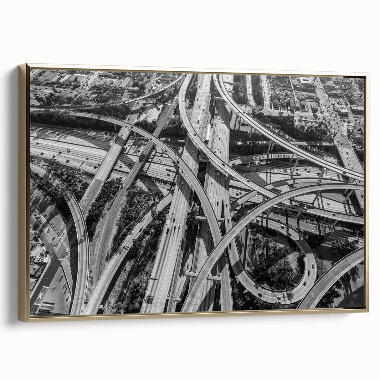 Framed canvas wall art featuring a vintage-style Los Angeles landscape in black and gold tones, ideal for bedroom decor.