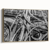 Framed canvas wall art featuring a vintage-style Los Angeles landscape in black and gold tones, ideal for bedroom decor.