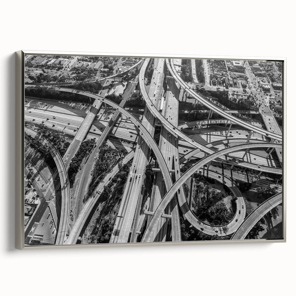 Framed canvas of a vintage Los Angeles landscape with colorful art on a black background, ideal for office decor.