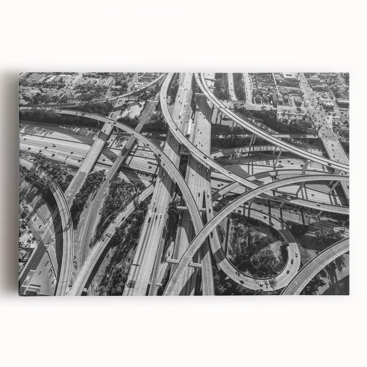 Black and white large art print of Los Angeles skyline on stretched canvas, ideal for kitchen wall art.