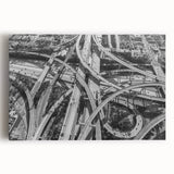 Black and white large art print of Los Angeles skyline on stretched canvas, ideal for kitchen wall art.