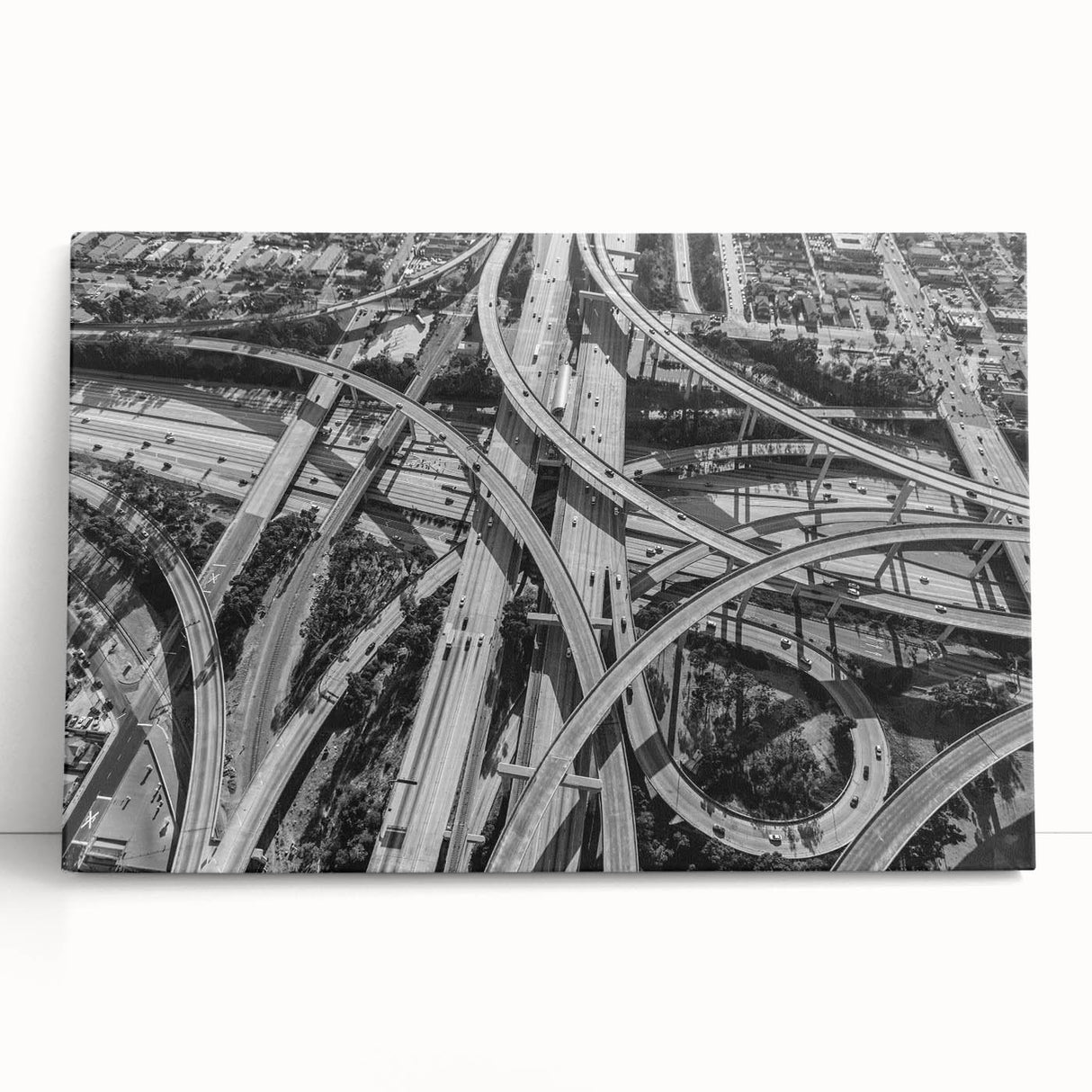Black and white photograph of Los Angeles skyline on stretched canvas, ideal for kitchen wall art.