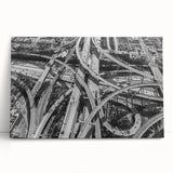Black and white photograph of Los Angeles skyline on stretched canvas, ideal for kitchen wall art.