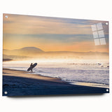 Acrylic print of a large abstract depiction of the San Diego skyline in muted blue and gray tones.