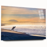 Large abstract wall art of San Diego skyline in muted blue and orange tones on acrylic glass.