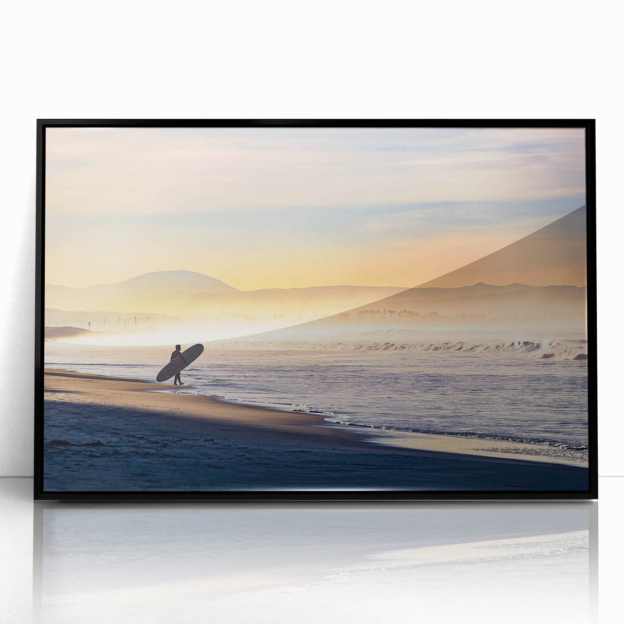 Large abstract wall art depicting the San Diego skyline in muted blue tones on a framed acrylic.